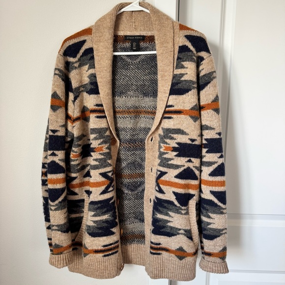 Ethan Pierce Brown Aztec Print Cardigan Size Large Wool Blend Grandpa Sweater - Picture 9 of 11